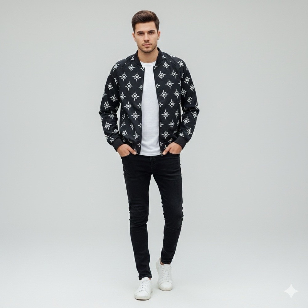 Mens Full Zip Long Sleeve Heart Star Pattern Allover Bomber Jacket Black Medium